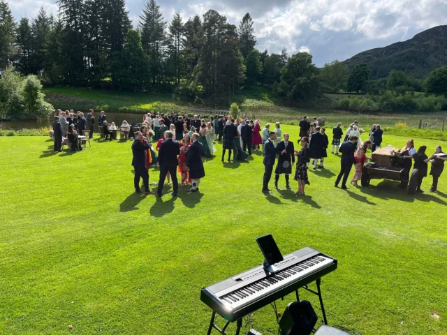 Delighted to be back playing at the beautiful Cardney Steading, Perthshire. Wedding Ceremony in the Old Mill then drinks Lochside on the lawn, with company of ducks & swans 🦆🦢 @cardneysteadingevents Celebrant @bechteljane Pro Photography @kalisterscope_photography 
Florist @blairflorist 
MUA @bangbang_beauty 
Hair @rydehairdressing 
Videographer @weareoneweddingfilms 
Pianist @scottishweddingpianist 
Caterers @gourlayevents 
Band @ceilidhdonia 
Outfits 
Wedding dress @eleganzasposa_ 
Groom’s & Groomsmen @mccalls_highlandwear 
Bridesmaids @jjshouseofficial #cardneysteadingevents #cardneysteading #cardneysteadingwedding #weddingdunkeld #weddingperthshire #pethshirewedding #edinburghwedding #glasgowwedding #weddingpianoscotland ##ceremonymusic #weddingscotland #scottishwedding #corporateentertainment #pianistscotland #weddingsinscotland #yamahap525